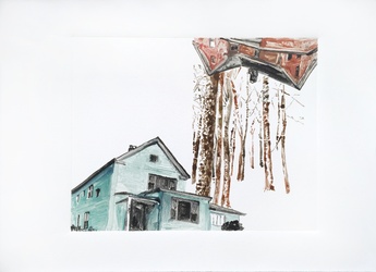 Teal House, Rust House, Snowscape